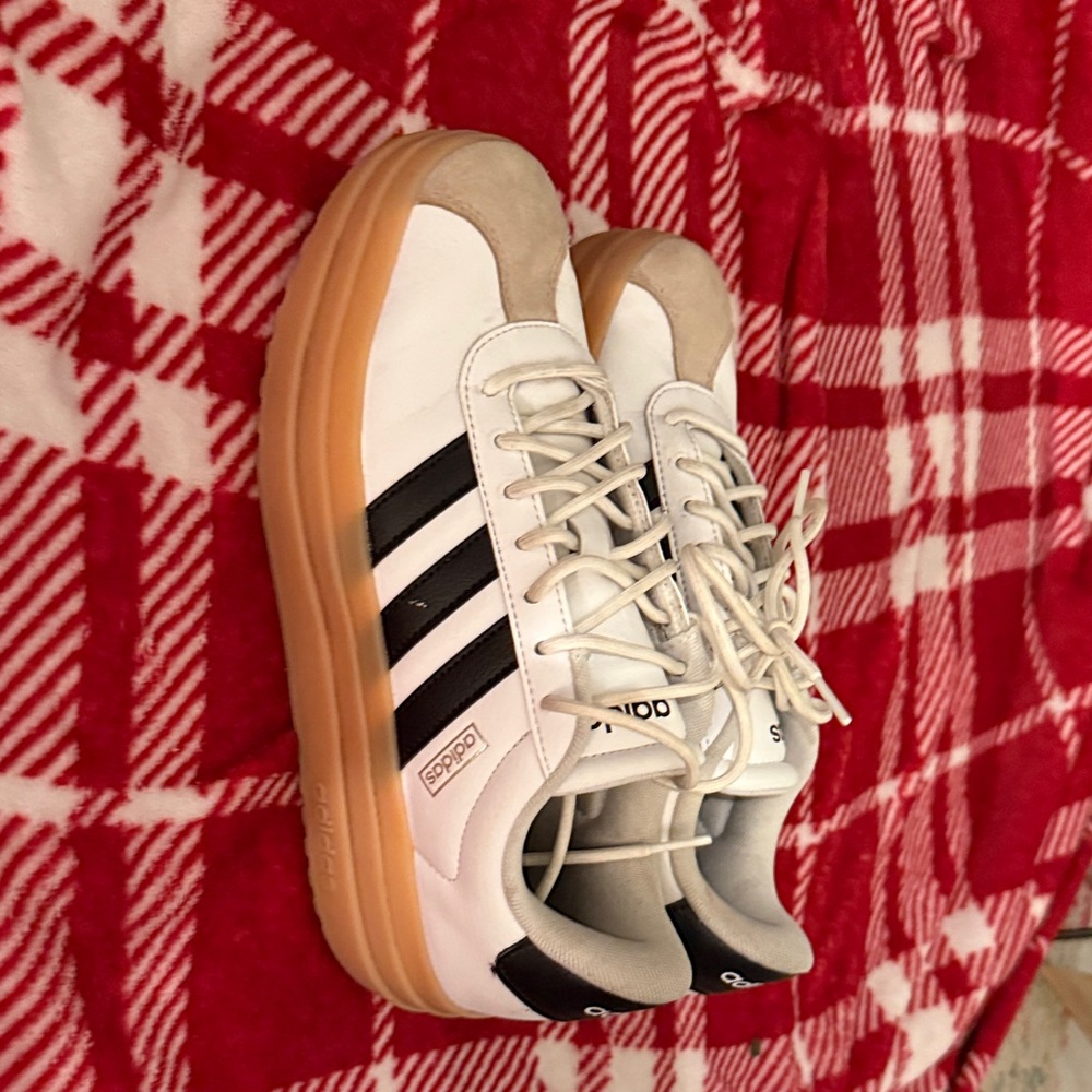 Adidas White and Black Sneakers with Tan Sole